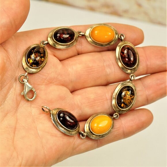 Multi Amber And 925 Silver Link Bracelet 7" - Unisex Amber Jewelry Gift - Picture 1 of 13